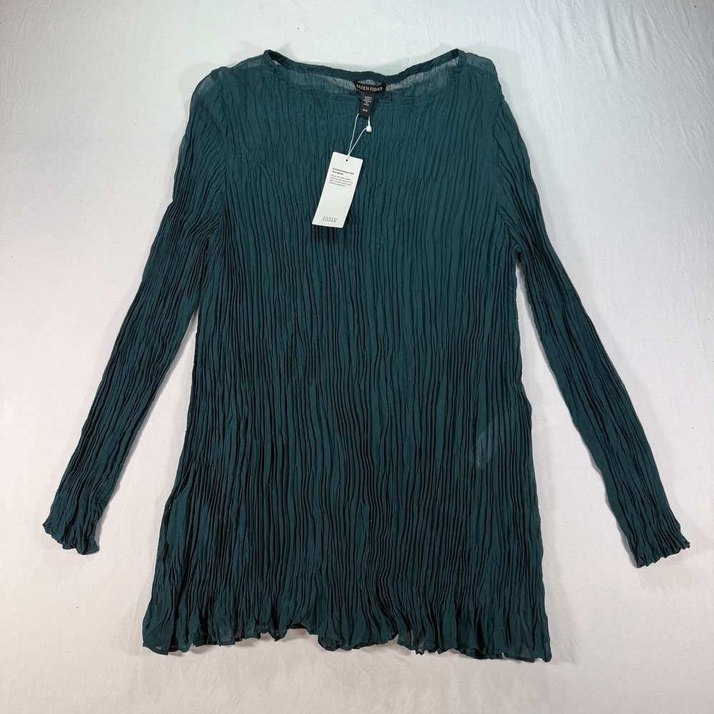 Eileen Fisher Crinkled Sheer Silk Georgette Tunic Women Medium Green Long Sleeve